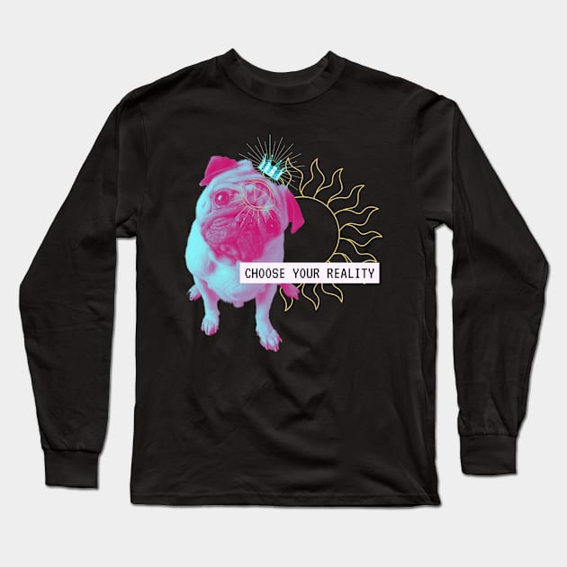 Pug Reality Dog Vaporwave Party Techno Glitch Fun Long Sleeve T-Shirt by Maggini Art